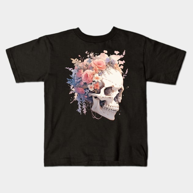 Bones And Botany Skull And Flowers Kids T-Shirt by Nightarcade